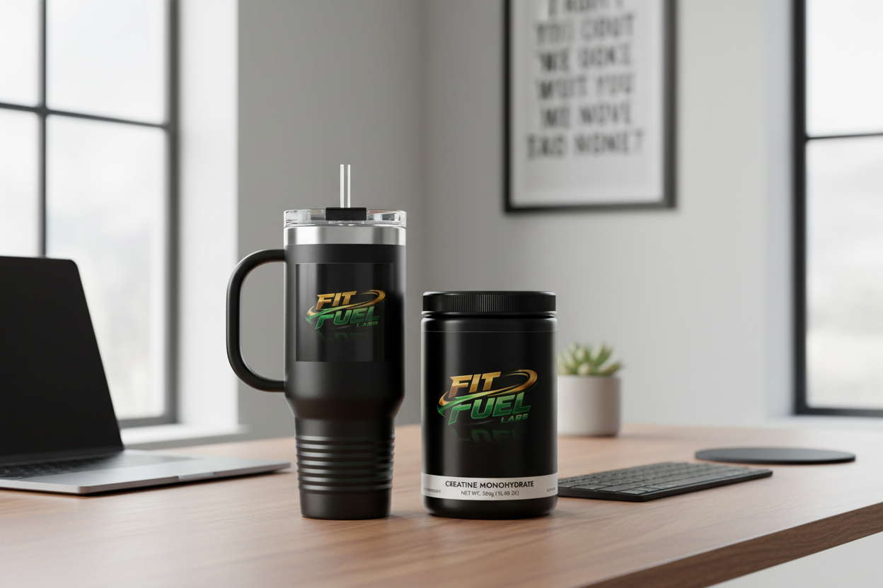 Fit Fuel mug and creatine on desk