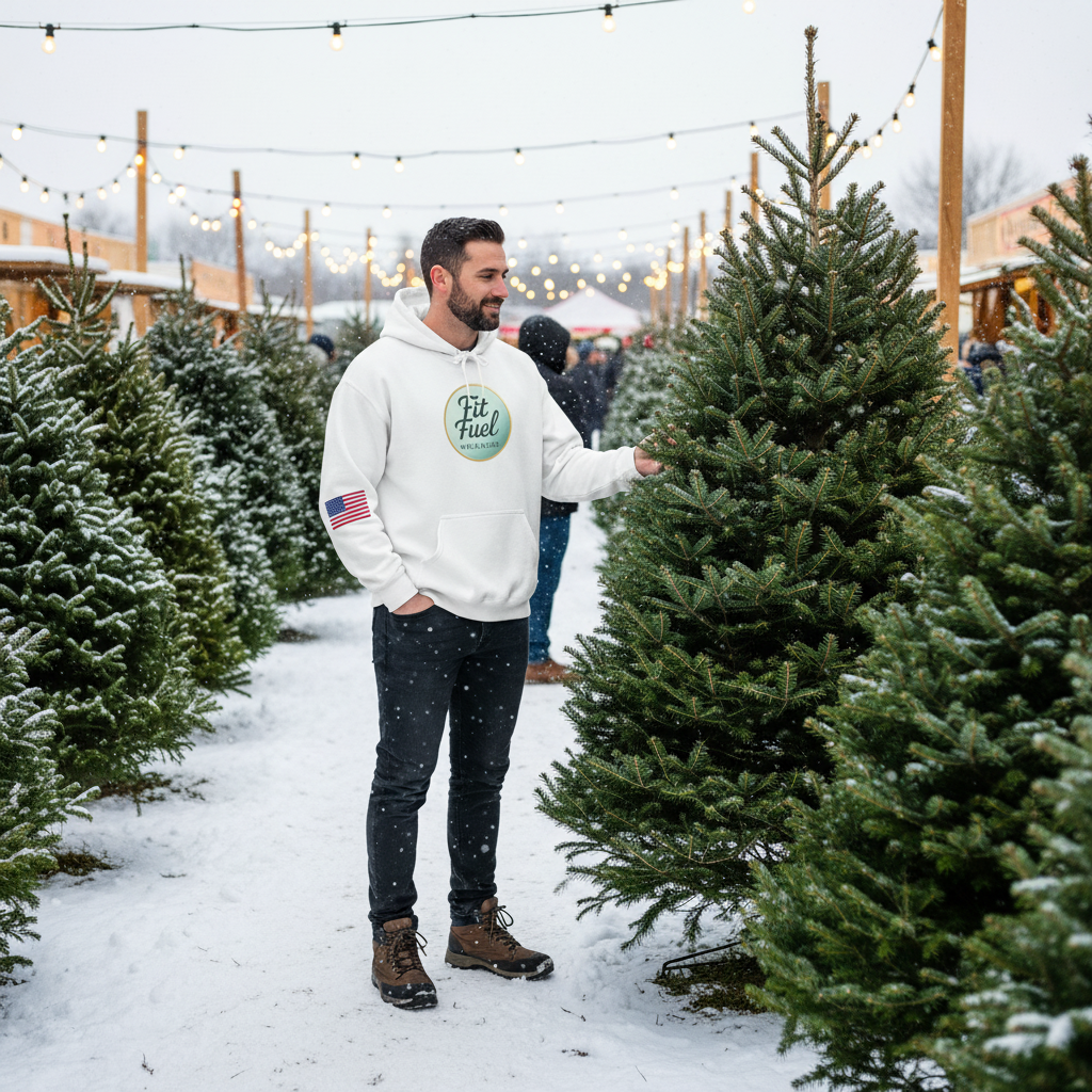 Man in Lit Fuel Hoodie Shopping for Christmas Tree